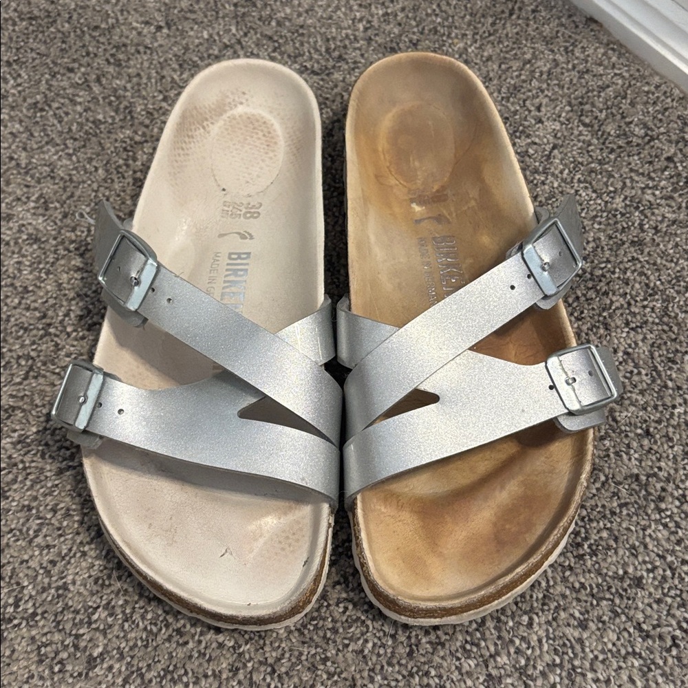 Birkenstock Metallic Silver Cross-Strap Sandals